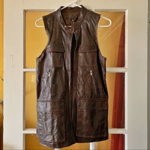 Theory Brown Leather Utility Vest with Wool Lining